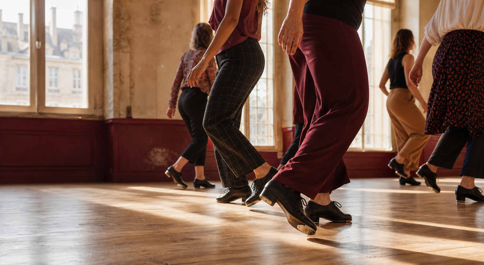 Danseurs de claquettes en mouvement dans un studio lumineux